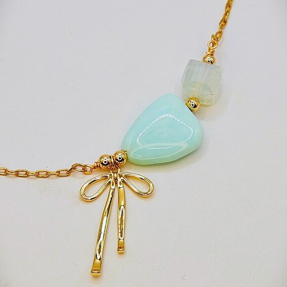 SALE!! Peruvian Opal and AB Square Crystal & Bow Necklace - Picture 2 of 4